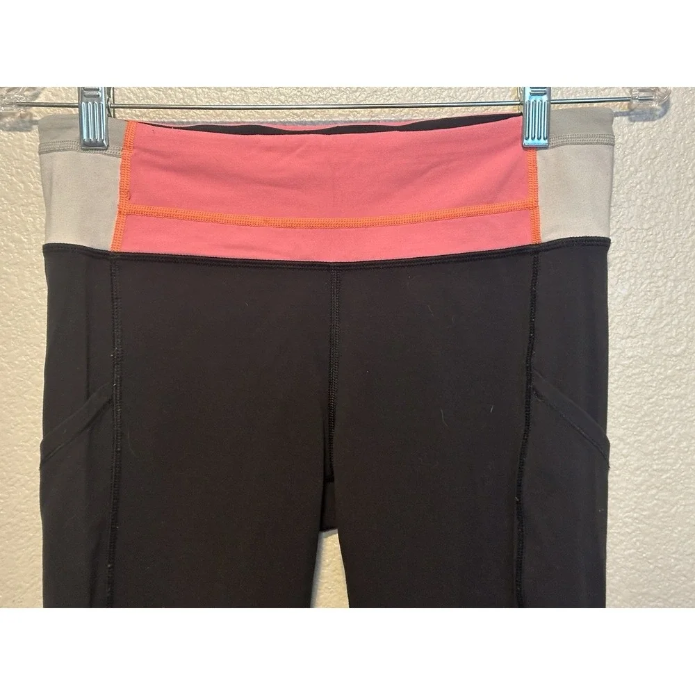 LULULEMON Speed Tight Black Ruched Leggings Pockets Size 6‎ Striped Waistband